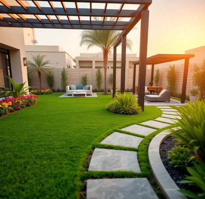 Choose Greenapex for luxury garden design and landscape services in Tilal City Sharjah, including planting, irrigation, lawn care, and maintenance.