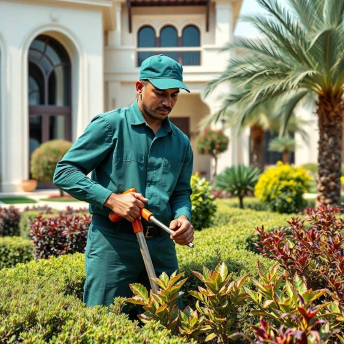 landscaping company in Abu Dhabi, creating luxury gardens, villa landscapes, and elegant outdoor spaces with expert garden care today.  Image Prompt: