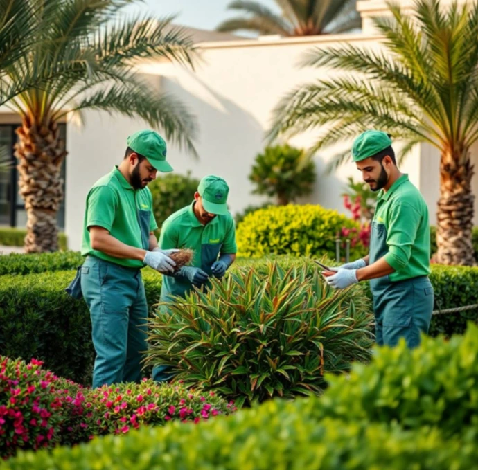 design company in Al Ain offering premium landscaping, lawn care, planting, irrigation maintenance and seasonal garden services.  Image Prompt: