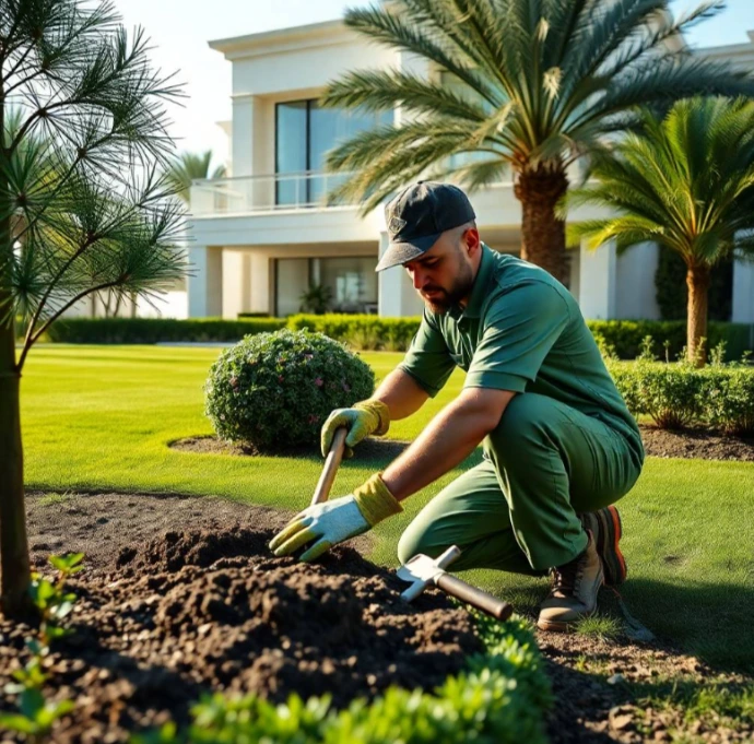 Photorealistic luxury villa in Al Reef Villas Abu Dhabi with a distinctive biophilic landscape design, lush green living walls, curved natural-stone garden paths, mature frangipani trees, flowering groundcover, a shaded pergola and elegant water-saving planting, premium residential landscaping, realistic UAE architecture, soft golden-hour sunlight, DSLR photography, highly detailed textures, no people, no text, no watermark.