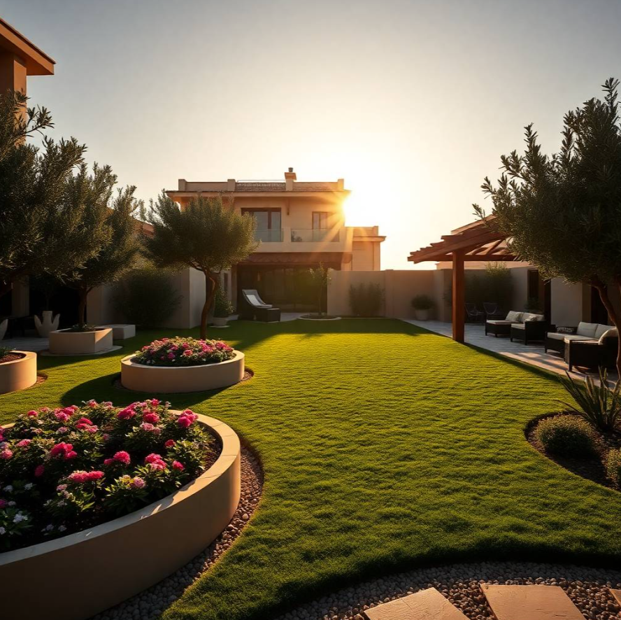 villa entrance with a long linear garden bed, decorative boulders, agave plants, palms, and subtle ground-level lighting. Image Idea: Contemporary villa entrance with a long linear garden bed, decorative boulders, agave plants, palms, and subtle ground-level lighting.