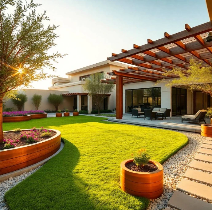 Image Idea: Modern villa courtyard with a minimalist Zen-inspired garden, decorative gravel, bamboo screening, low stone seating, and sculptural desert plants.