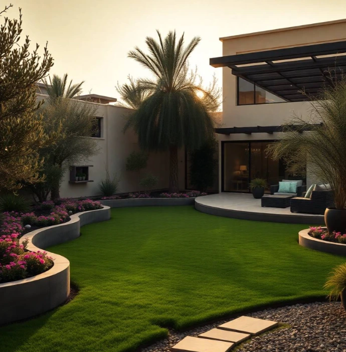 Transform Al Hudayriat outdoor areas with Greenapex landscaping, featuring flowering plants, lawn care, garden improvements and efficient irrigation services.