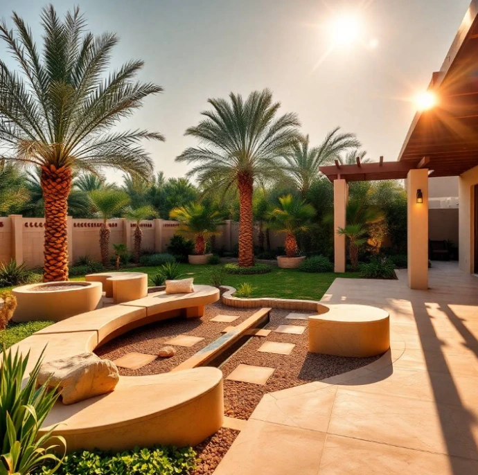 Abu Dhabi with a fresh contemporary landscaping concept featuring a sunken circular seating area, sculptural limestone benches, a narrow linear water rill, elevated desert planting beds, mature frangipani trees, date palms, lush groundcover, large-format beige paving, a shaded wooden pergola, and discreet warm pathway lights, sophisticated residential outdoor setting, natural golden-hour sunlight, professional architectural landscaping photography, full-frame DSLR, 24mm lens, highly detailed foliage, realistic paving and stone textures, authentic UAE atmosphere, photorealistic, no cartoon, no CGI, no repeated layout, no artificial AI appearance.