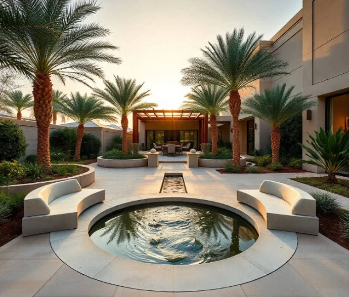 cantilever pergola, and subtle pathway illumination, upscale UAE residential garden, warm sunset atmosphere, professional architectural photography, full-frame DSLR, 24mm lens, realistic foliage and material textures, natural shadows, highly photorealistic, no cartoon, no CGI, no illustration, no repeated garden layout, no artificial AI appearance.