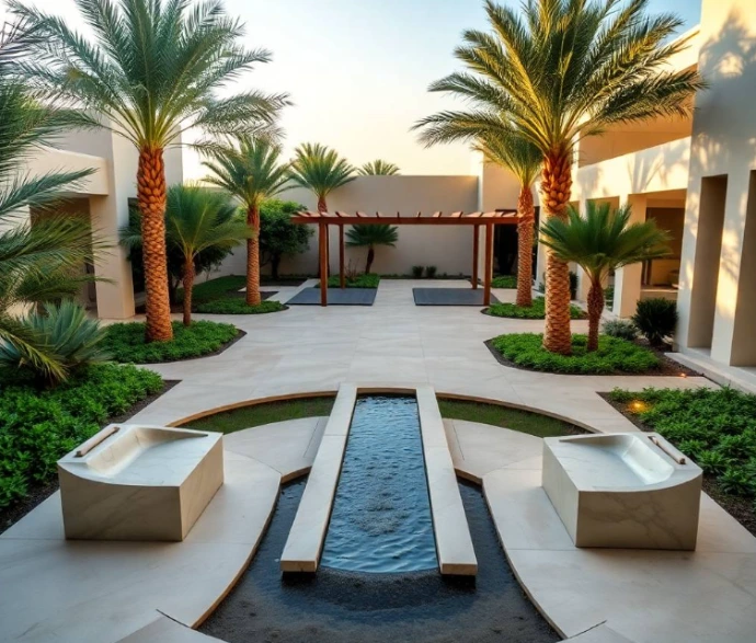 large cream-colored stone slabs, and concealed floor lighting, premium UAE residential garden photography, soft blue-hour evening atmosphere, full-frame DSLR, 28mm lens, realistic plant textures and stone surfaces, natural reflections, authentic shadows, highly photorealistic, no cartoon, no CGI, no illustration, no repeated garden arrangement, no artificial AI appearance.