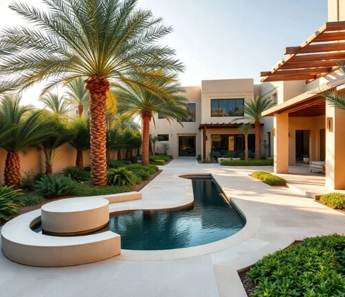 upscale UAE outdoor living environment, natural sunset glow, professional architectural garden photography, full-frame DSLR, 28mm lens, realistic water reflections, authentic foliage and stone textures, natural shadows, highly photorealistic, no cartoon, no CGI, no illustration, no repeated garden layout, no artificial AI appearance.