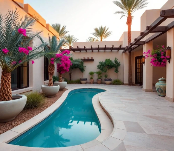 recessed lighting, spacious luxury villa backyard, natural golden-hour light, professional architectural garden photography, full-frame DSLR, 35mm lens, realistic foliage and stone textures, authentic shadows, photorealistic, no cartoon, no CGI, no illustration, no repeated garden layout, no artificial AI appearance.