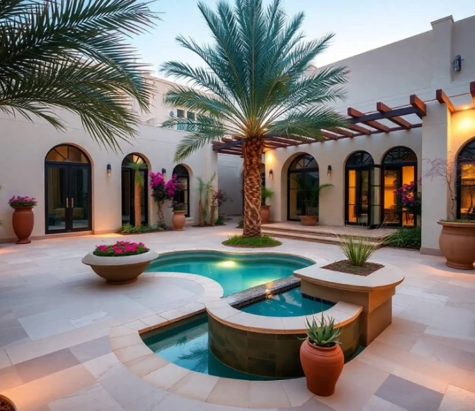 anopy, and discreet recessed lighting, luxurious UAE villa garden setting, natural golden-hour sunlight, professional architectural garden photography, full-frame DSLR, 35mm lens, authentic stone and plant textures, realistic depth, true-to-life colors, photorealistic, no cartoon, no CGI, no illustration, no repeated garden layout, no artificial AI appearance.