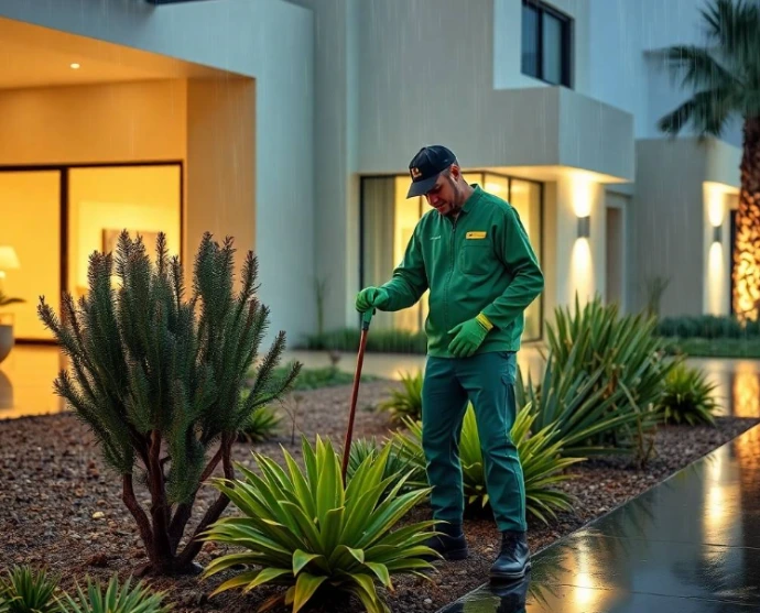 ground lighting, refined Abu Dhabi residential architecture, realistic premium property photography, warm natural afternoon sunlight, full-frame DSLR, 35mm lens, authentic architectural textures, highly detailed foliage, realistic shadows, photorealistic, no cartoon, no CGI, no illustration, no artificial AI appearance.