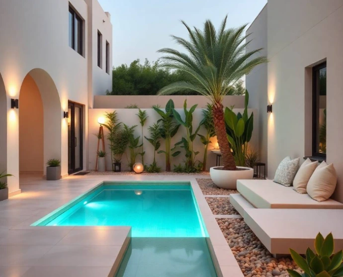Elegant modern luxury villa in Lahore Cantt with a completely new landscape concept, curved stone pathway, sculptural topiary trees, layered flowering beds, decorative gravel, manicured lawn, subtle outdoor lighting, contemporary planters,