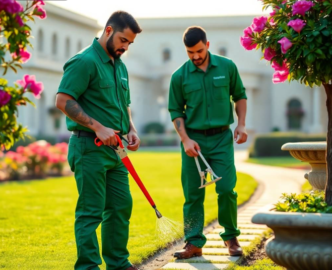 blurred in background, gentle morning sunlight, professional landscaping advertisement photography, full-frame DSLR, 85mm lens, realistic depth of field, natural shadows, true-to-life colors, ultra-photorealistic, no cartoon, no CGI, no illustration, no distorted anatomy, no extra fingers, no artificial AI appearance.