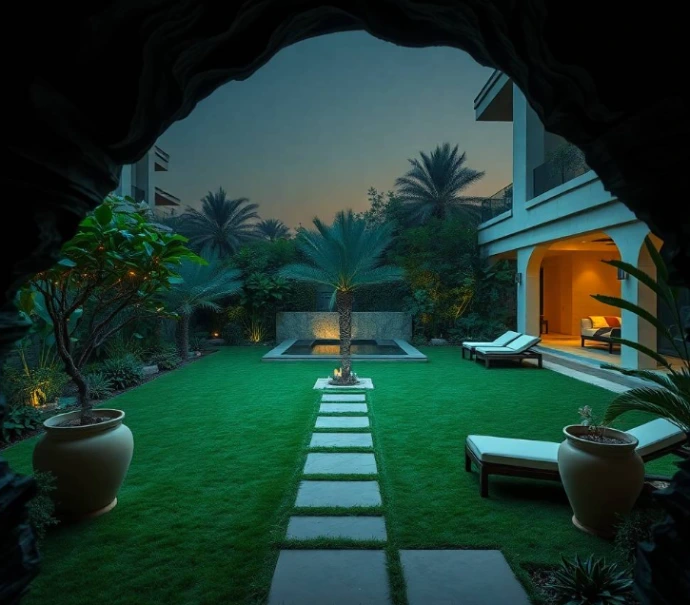 e Al Shamkha Abu Dhabi residence, holding professional bypass pruning shears, natural standing posture, focused expression, realistic Middle Eastern facial features, authentic skin pores, anatomically correct hands with exactly five fingers, detailed uniform stitching,