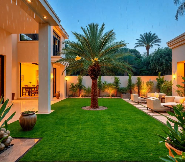 Elegant luxury villa in Al Khatim Abu Dhabi with a fresh sophisticated landscape featuring a wide geometric lawn, mature date palms, sculptural sandstone planters, a minimalist stone fountain, curved natural-stone pathway, clipped ornamental shrubs, vibrant bougainvillea, decorative