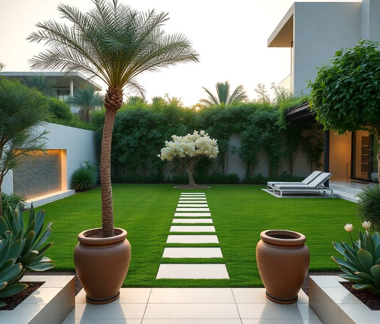 Elegant luxury villa in Al Shawamekh Abu Dhabi with a fresh sophisticated landscape featuring a broad geometric lawn, mature date palms, sculptural sandstone planters, decorative stone fountain, curved natural-stone pathway, clipped ornamental shrubs, vibrant bougainvillea,