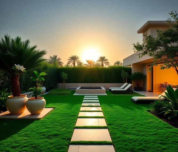premium landscaped pathway at an upscale Al Ain Road Abu Dhabi residence, using professional bypass pruning shears, natural standing posture, focused expression, realistic Middle Eastern facial features, authentic skin pores, anatomically correct hands with exactly five fingers, detailed uniform stitching, realistic gardening tools, vibrant bougainvillea flowers and healthy foliage, elegant stone garden border and manicured lawn visible around him,