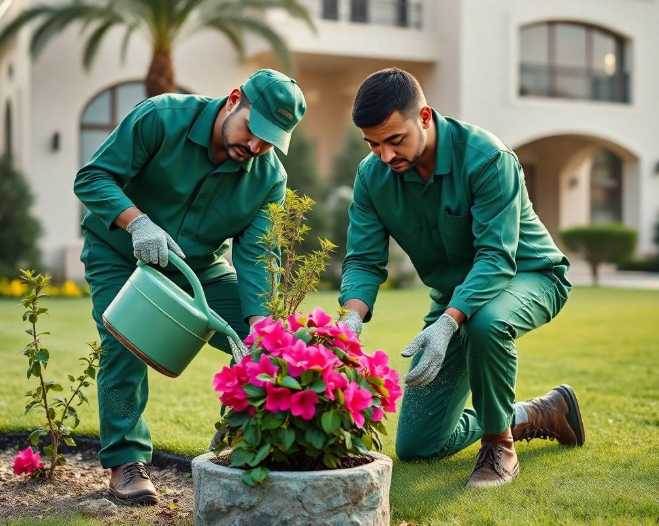 professional landscaping advertisement photography, full-frame DSLR, 85mm lens, realistic depth of field, natural shadows, true-to-life colors, ultra-photorealistic, no cartoon, no CGI, no illustration, no distorted anatomy, no extra fingers, no artificial AI appearance.