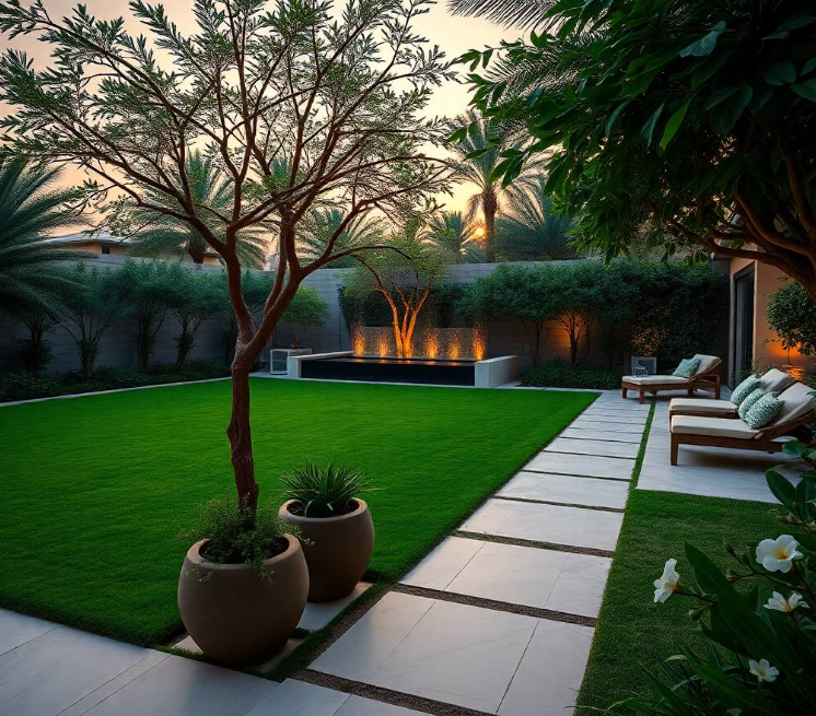 a sweeping geometric lawn, mature date palms, sculptural limestone planters, a contemporary stone water feature, curved porcelain pathway, clipped ornamental shrubs, vibrant bougainvillea, flowering groundcovers, elegant privacy walls, refined outdoor seating,