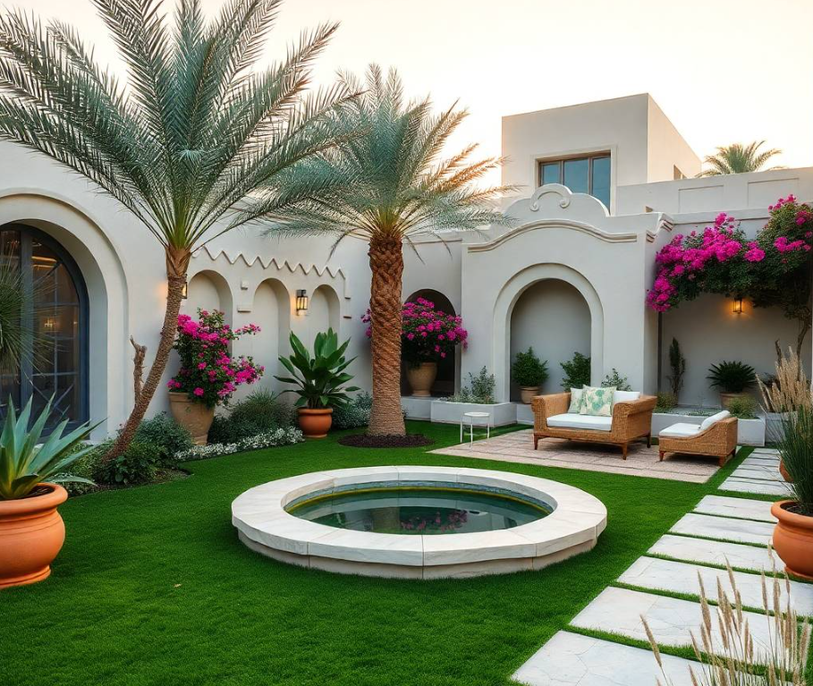 featuring a geometric lawn, sculptural date palms, flowering frangipani, raised sandstone planters, a modern stone water feature, curved porcelain pathway, ornamental grasses, bougainvillea accents, elegant outdoor lounge, warm architectural lighting, unique villa architecture,