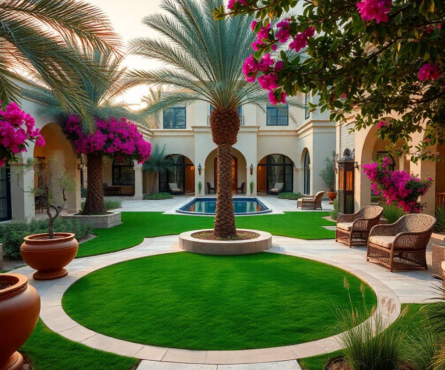Elegant contemporary villa in Yas Acres Abu Dhabi with a unique sophisticated landscape featuring a circular lawn island, sculptural date palms, mature frangipani tree, travertine planter walls, a narrow reflecting pool, curved porcelain pathway, flowering bougainvillea, ornamental grasses, sleek outdoor lounge furniture, layered tropical greenery, distinctive modern