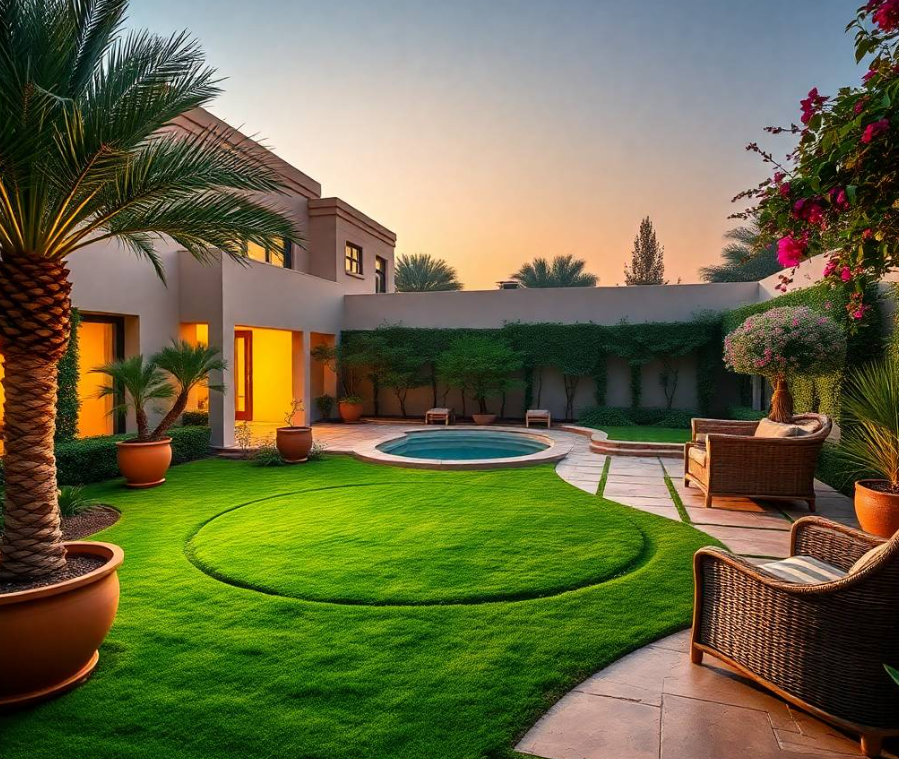 Elegant luxury villa near Yas Links Abu Dhabi with a distinctive sophisticated landscape featuring a sweeping emerald lawn, sculptural date palms, mature ghaf tree, limestone planter walls, circular stone fountain, curved travertine pathway, flowering bougainvillea, ornamental grasses, premium outdoor seating, layered desert-adapted greenery, modern architectural details,