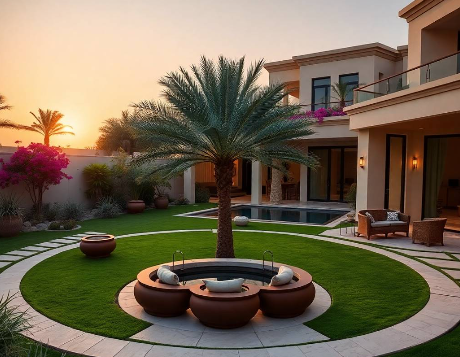 Sophisticated private backyard in Saadiyat Beach Abu Dhabi with an original elegant coastal garden concept featuring a curved lawn, circular limestone seating terrace, mature date palm, sculptural frangipani tree, handmade ceramic planters, winding shell-stone pathway, narrow turquoise water feature, vibrant bougainvillea, ornamental grasses, elegant woven lounge chairs, dense tropical privacy planting, contemporary beachfront villa softly