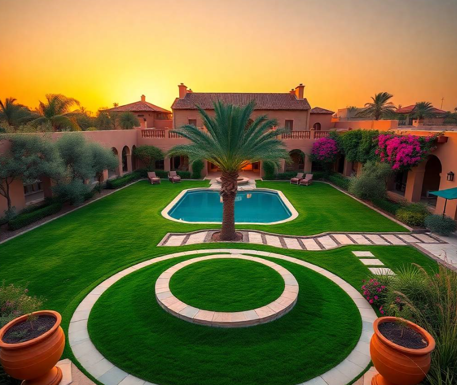 Professional Middle Eastern male horticulture specialist wearing a crisp green Greenapex Landscaping uniform, carefully shaping a flowering jasmine shrub beside a decorative limestone garden border at an upscale Al Raha Gardens Abu Dhabi villa, using professional pruning shears, natural standing posture, focused expression, realistic Middle Eastern facial features, authentic skin pores, anatomically correct hands with exactly five fingers, detailed uniform stitching, realistic gardening tools, delicate white jasmine flowers and healthy foliage,