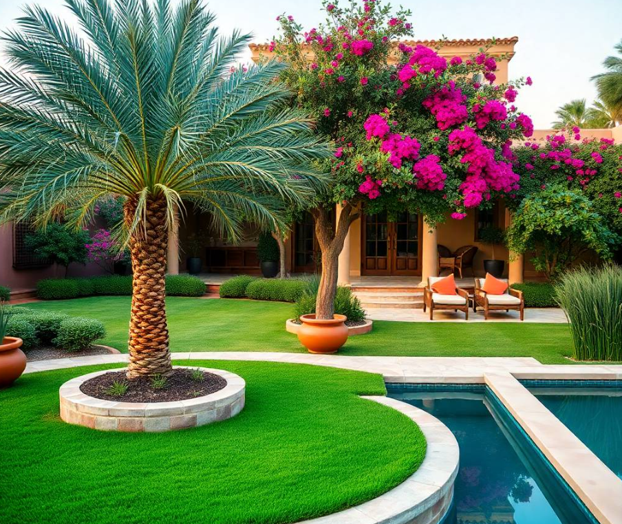 Professional Middle Eastern male horticulture specialist wearing a crisp green Greenapex Landscaping uniform, carefully pruning a flowering bougainvillea shrub beside a premium limestone garden pathway at an upscale Al Bandar Abu Dhabi residence, using professional pruning shears with a natural standing posture, focused expression, realistic Middle Eastern facial features, authentic skin pores, anatomically correct hands with