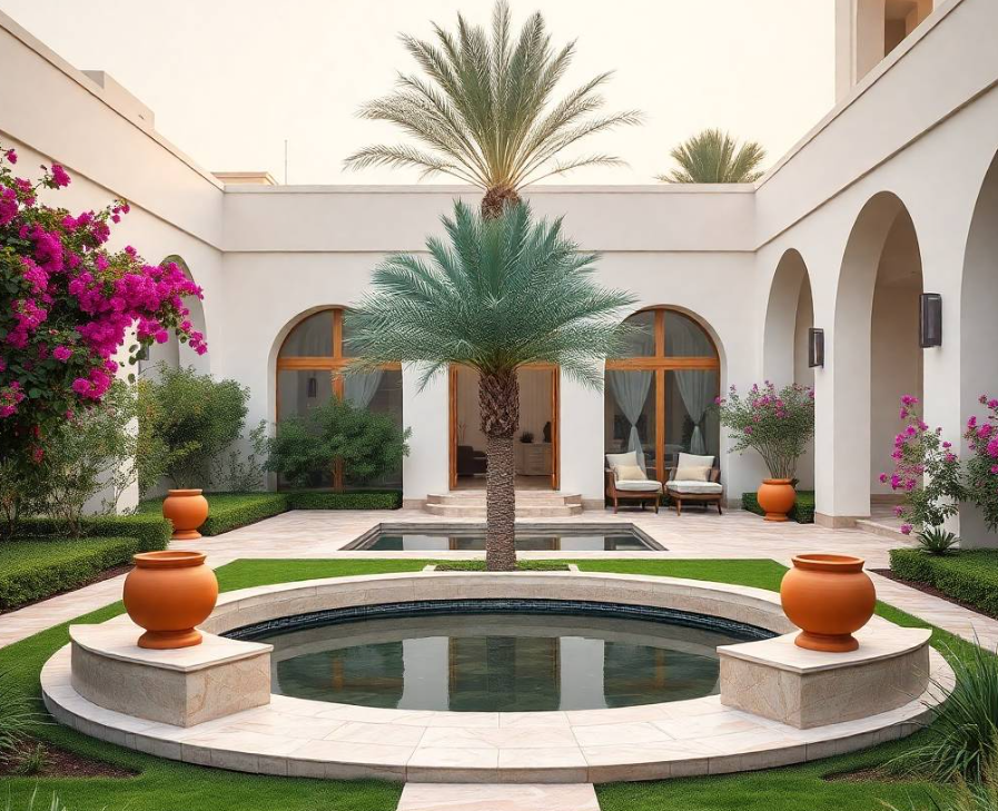 Professional Middle Eastern male horticulture specialist wearing a crisp green Greenapex Landscaping uniform, carefully shaping a flowering frangipani tree beside a premium natural stone garden pathway at an upscale Al Zeina Abu Dhabi residence, using professional pruning shears with a natural standing posture, focused expression, realistic Middle Eastern facial features, authentic skin pores, anatomically correct hands with exactly five fingers, d