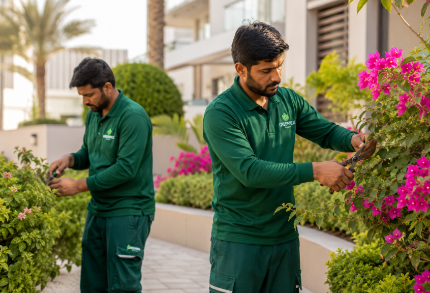 focused expression, authentic facial features, natural skin texture and pores, anatomically correct hands with exactly five fingers, detailed uniform stitching, realistic gardening equipment, vibrant bougainvillea flowers and healthy tropical foliage, contemporary villa softly blurred in background, elegant landscaped lawn and