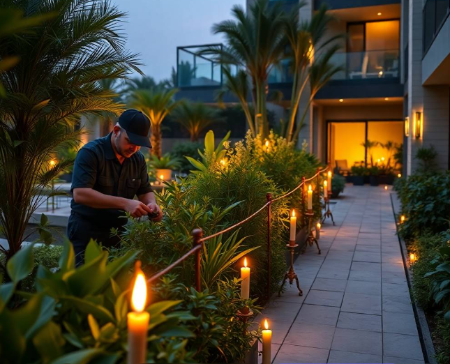 Realistic professional working posture, authentic facial features, natural skin texture and pores, anatomically correct hands with exactly five fingers, detailed Greenpex uniform stitching, realistic gardening tools, healthy tropical plants, vibrant flowers, manicured lawn, sandstone planters, elegant paved pathway, modern Al Ghadeer villa softly
