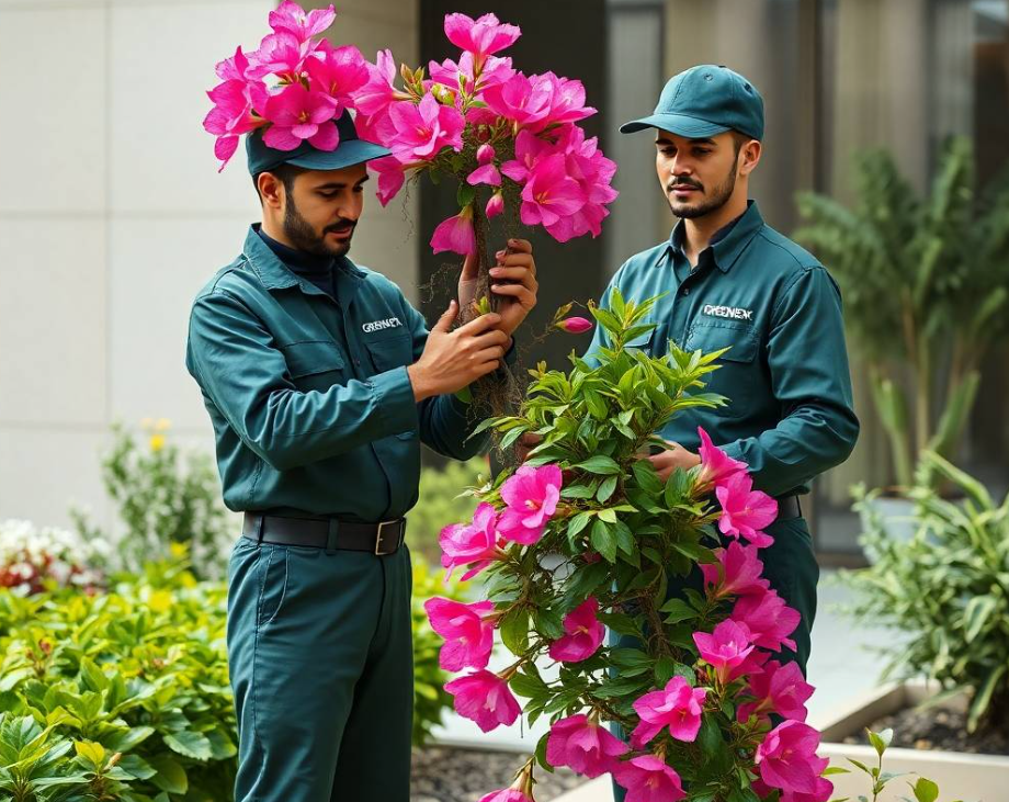 professional landscaping advertisement photography, full-frame DSLR, 85mm lens, realistic depth of field, natural shadows, true-to-life colors, ultra-photorealistic, no cartoon, no CGI, no illustration, no distorted anatomy, no extra fingers, no artificial AI appearance.