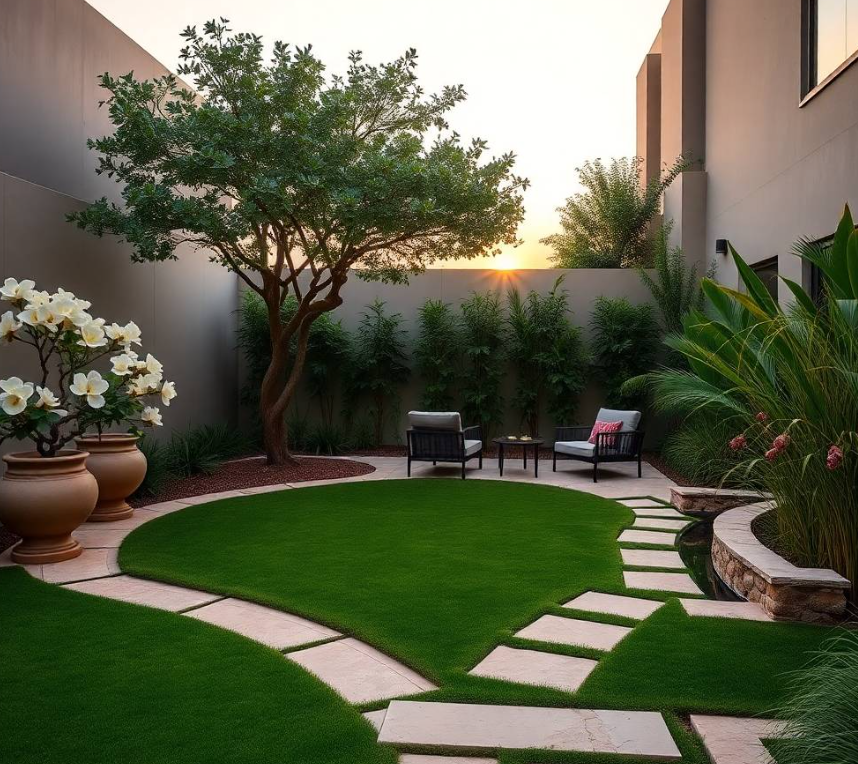 natural standing posture, focused expression, realistic Middle Eastern facial features, authentic skin pores and natural complexion, anatomically correct hands with exactly five fingers, detailed uniform stitching, realistic gardening tools, vibrant bougainvillea flowers and healthy foliage, elegant stone garden border surrounding him,