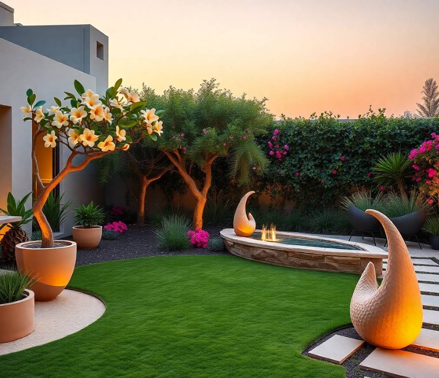 uniform stitching, realistic gardening tools, vibrant bougainvillea flowers and healthy foliage, elegant stone garden edging surrounding him, upscale Baniyas East villa softly blurred in the background, gentle natural morning sunlight,