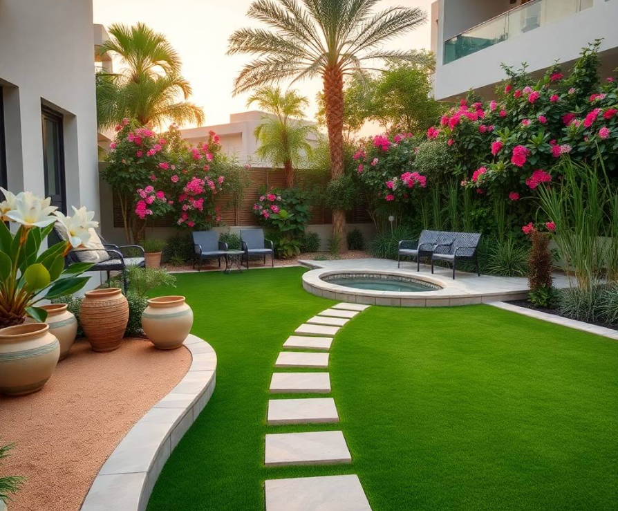 edging surrounding him, upscale Al Shamkha villa softly blurred in the background, gentle natural morning