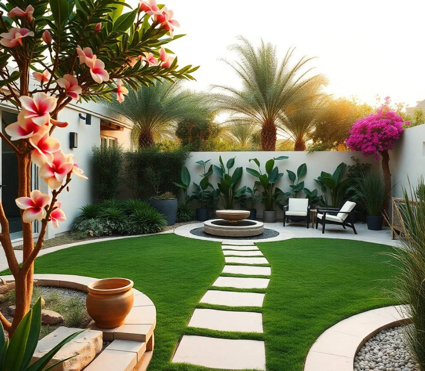 uniform stitching, realistic gardening tools, colorful flowering plants and healthy foliage, elegant stone garden edging