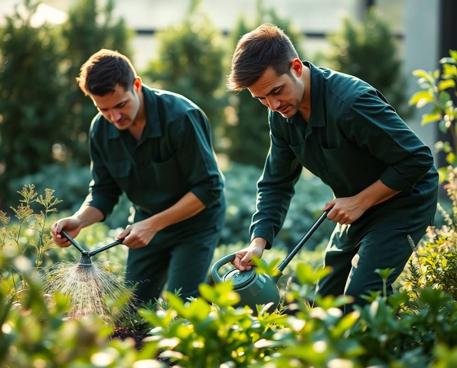 professional landscaping advertisement photography, full-frame DSLR, 85mm lens, realistic depth of field, natural shadows, true-to-life colors, ultra-photorealistic, no cartoon, no CGI, no illustration, no distorted anatomy, no extra fingers, no artificial AI appearance.