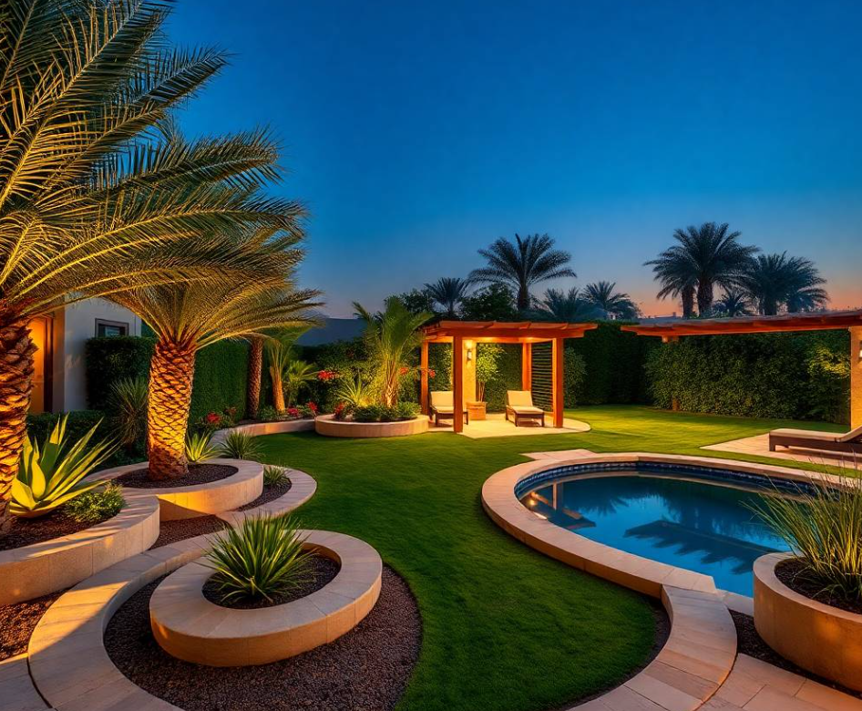 realistic gardening equipment, freshly trimmed hedge, healthy flowering plants and lush lawn surrounding him,