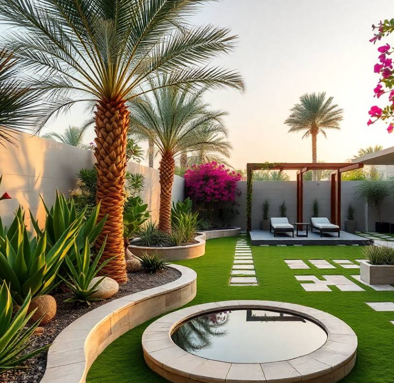 upscale Abu Dhabi villa softly blurred in the background, mature date palms and stone pathway adding depth