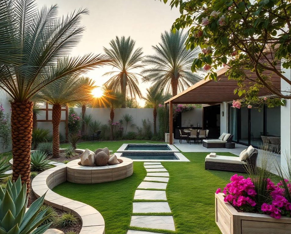 vibrant bougainvillea flowers, healthy shrubs and neatly maintained lawn surrounding him, elegant Abu Dhabi villa softly blurred in the background, mature date palms and landscaped stone pathway adding depth,