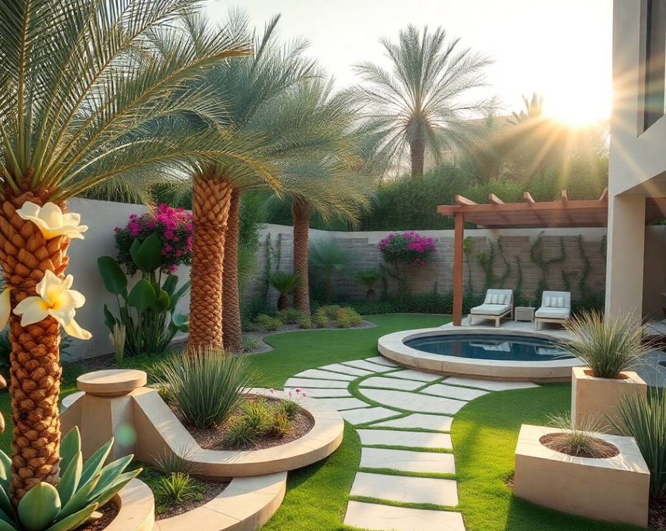 l grasses and lush tropical foliage, elegant stone pathway and modern villa softly visible in background,