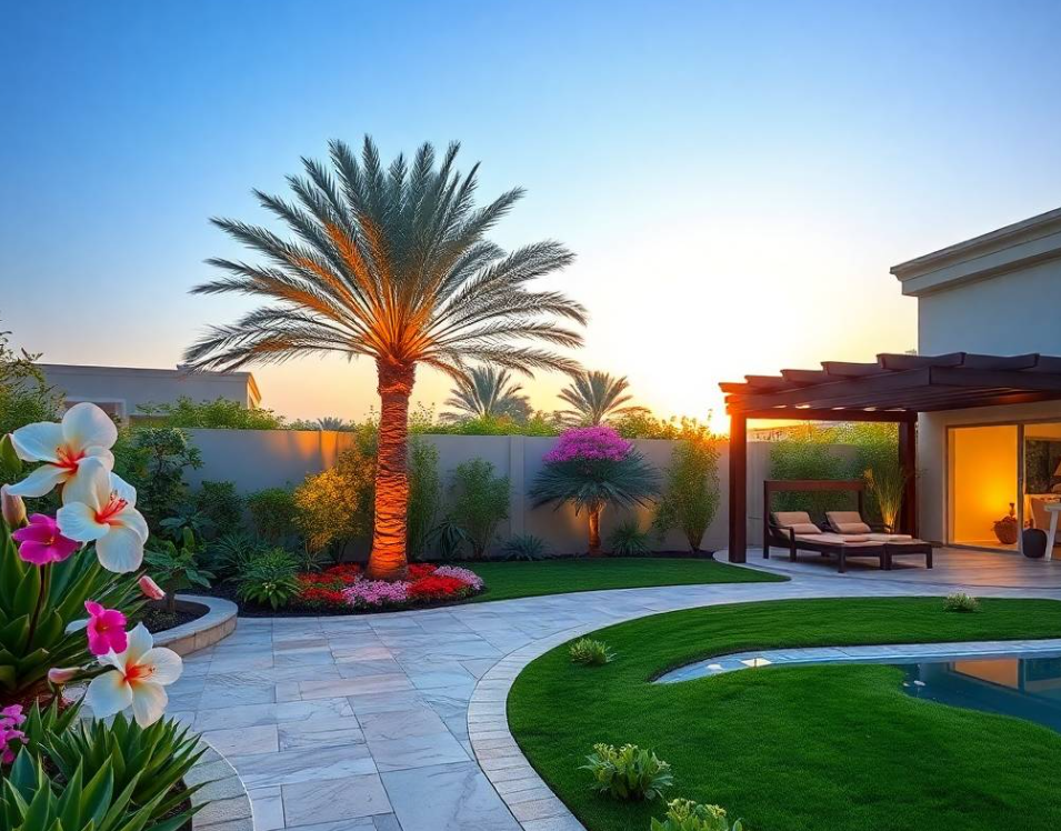 healthy ornamental plants, flowering shrubs and fresh green foliage, neat stone garden edging and manicured lawn visible around him, elegant Abu Dhabi villa softly blurred in background,