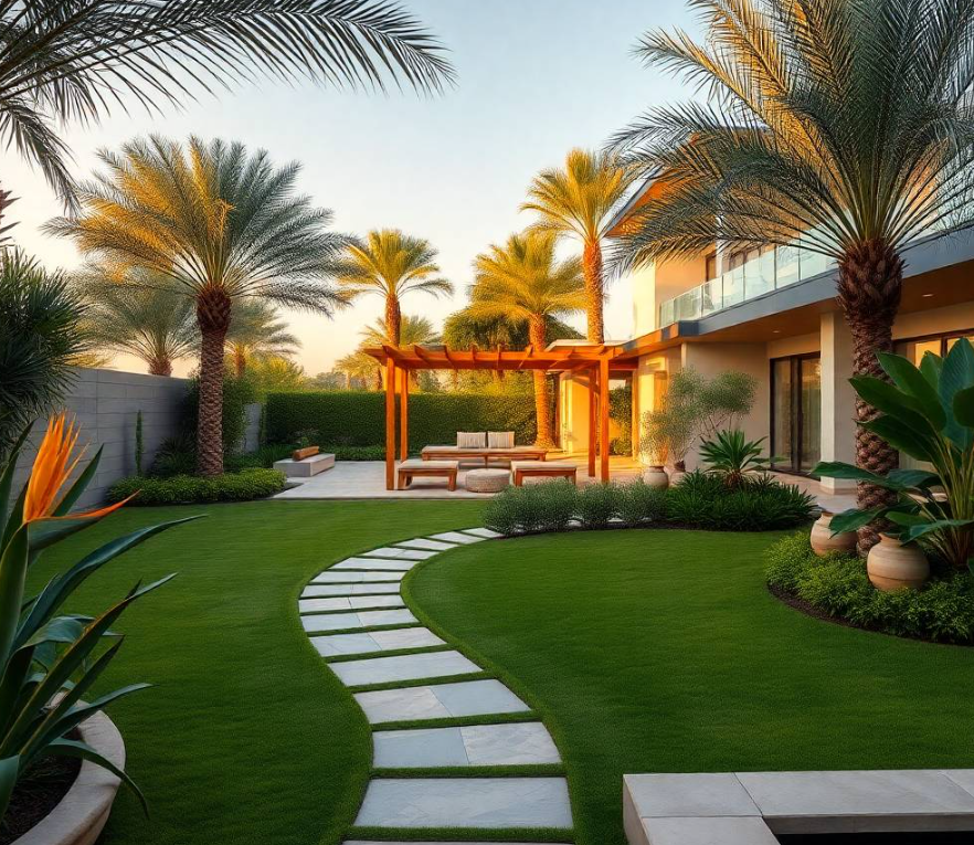realistic irrigation tubing, healthy ornamental grasses, tropical foliage, small flowering plants and clean stone edging s