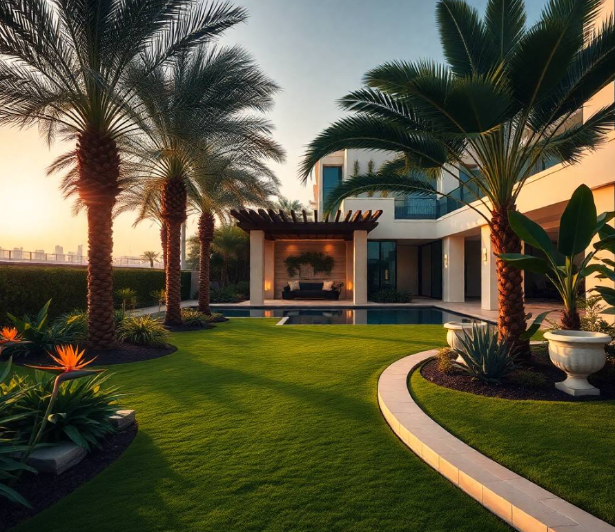neat lawn edge and sandstone border nearby, luxurious villa softly blurred in the background, bright natural morning