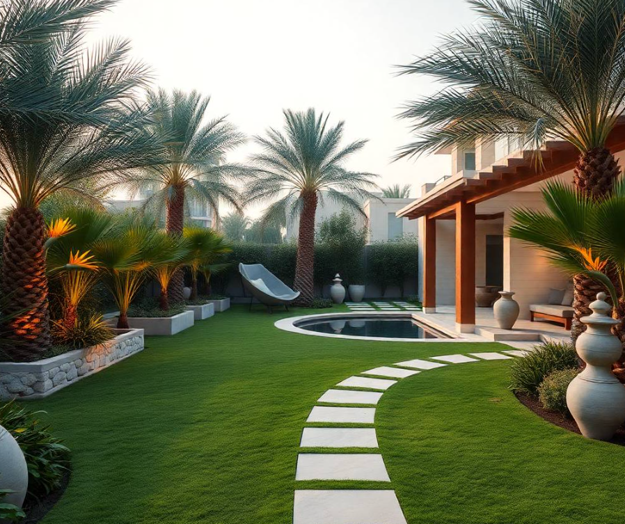 manicured lawn and contemporary villa softly blurred in background, bright natural morning light, professional landscaping a