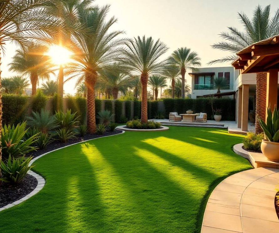 villa softly blurred in the background, gentle early-morning sunlight, professional landscaping