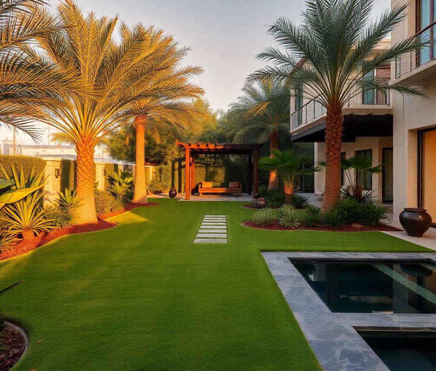 subtle Greenapex branding, realistic gardening tools, healthy bougainvillea, jasmine and tropical foliage, clean