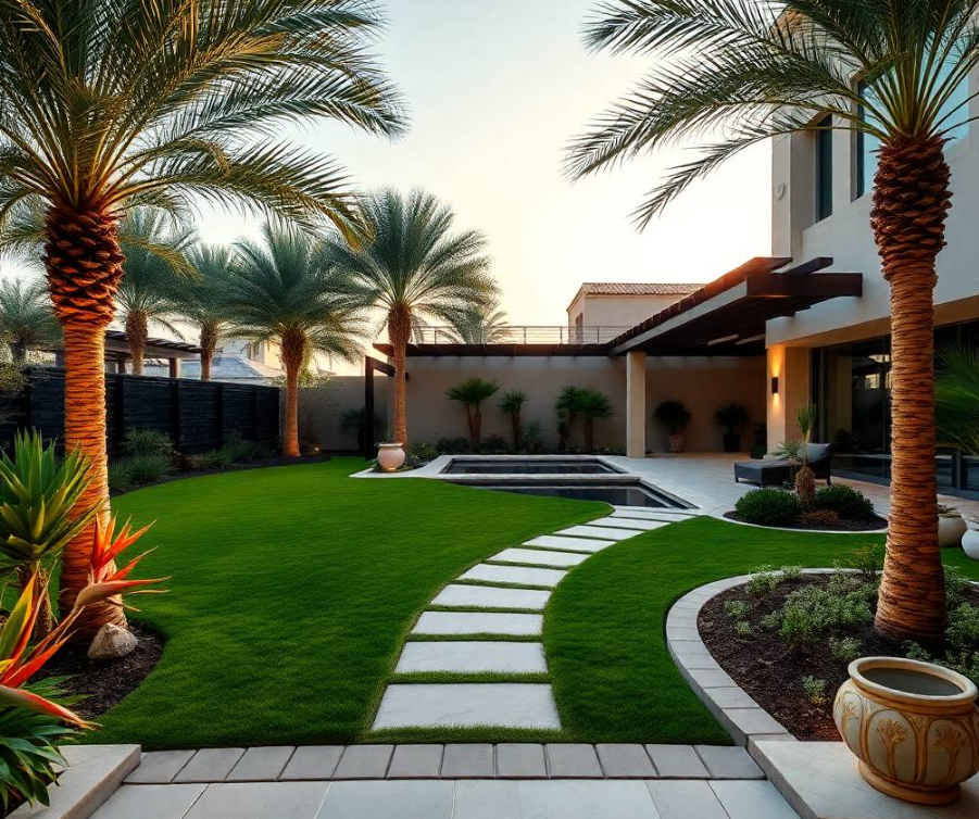 decorative agave plants, textured natural stone pathway, raised corten-style planters, compact pergola with comfortable