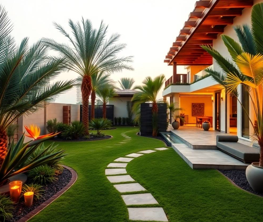 the work area, modern villa softly blurred in background, warm natural afternoon sunlight,