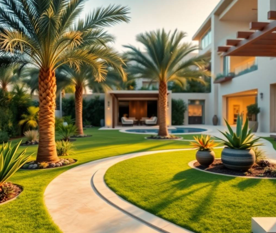 contemporary pergola with climbing greenery, subtle garden lanterns, lush layered planting around the villa